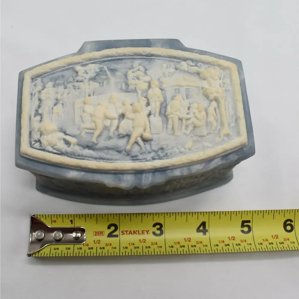 Vintage Genuine Incolay Stone Jewelry Box Blue Cream Marbled Trinket Keepsake